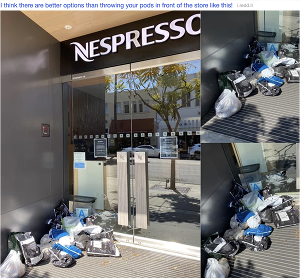 Old coffee pods / capsules piled up in bags, rubbish dumped at closed Nespresso boutiques